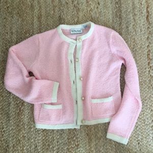 Vintage pink cardigan with cream edges and pearl